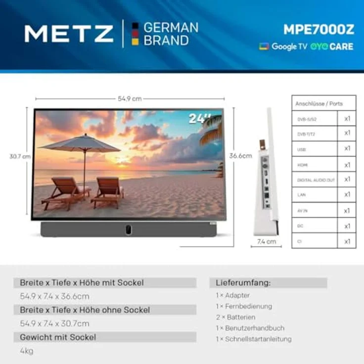 METZ Blue Tragbarer Fernseher MPE7000, 24 Zoll FHD mit Google TV, Akku, Blendfreier Bildschirm, HDR10, Dolby Audio, Bluetooth, Wi-Fi, 12V Auto-Ladegerät, weiß – Bild 3