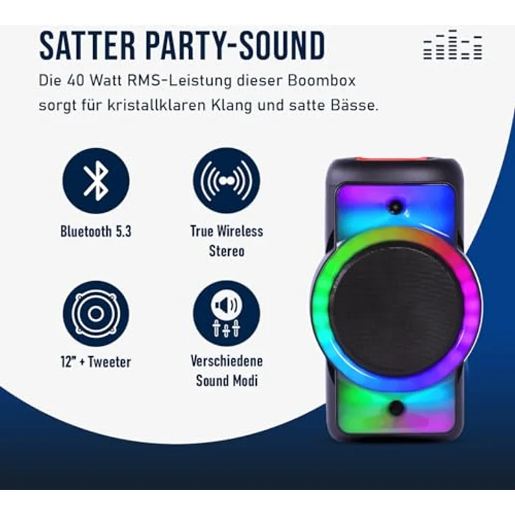 Fontastic Party Lautsprecher Rokka, tragbarer Trolley-Bluetooth Lautsprecher mit USB-Wiedergabe, AUX, MicroSD, LED-RGB Lichteffekten und Mikrofon, Schwarz – Bild 3