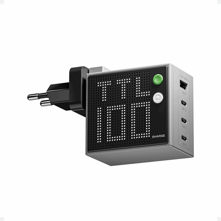 SHARGE Pixel 100W USB-C & USB-A Ladegerät, GaN-Technologie, Dot-Matrix-Display, klappbare Stecker, grau
