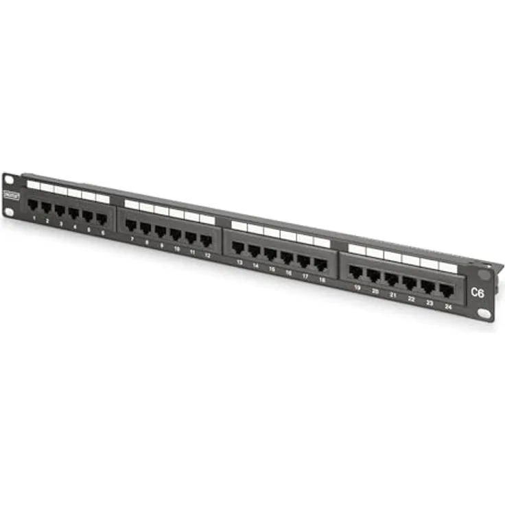 DIGITUS 19 Zoll Patchpanel CAT 6, 24-Port RJ45 ungeschirmt, Rack-Montage 1 HE, schwarz, für bis zu 1GBase-T und PoE