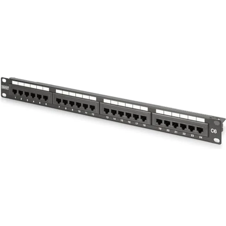 DIGITUS 19 Zoll Patchpanel CAT 6, 24-Port RJ45 ungeschirmt, Rack-Montage 1 HE, schwarz, für bis zu 1GBase-T und PoE – Bild 1