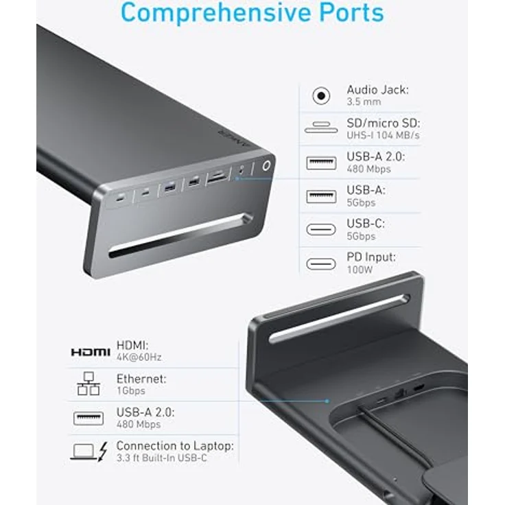 Anker USB-C Hub, 10-in-1 Aluminium-Monitorstandfuß mit 100W PD, 5Gbit/s USB-Anschlüssen und 4K@60Hz HDMI Display, integriertes 1m Kabel, silber, für MacBook, Dell und USB-C-Geräte – Bild 3