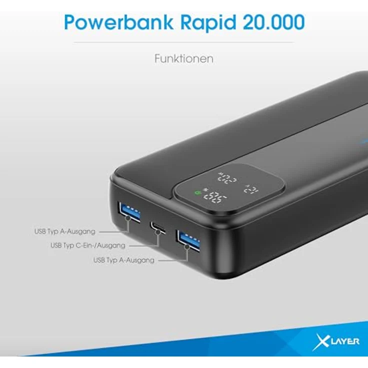 XLayer Rapid Power Bank 20000mAh, universelles Schnellladegerät mit USB C, kompatibel mit iPhone 16/15/14/13/12 Pro Max, Samsung S25/24/23, iPad, Xiaomi, LED Anzeige – Bild 3