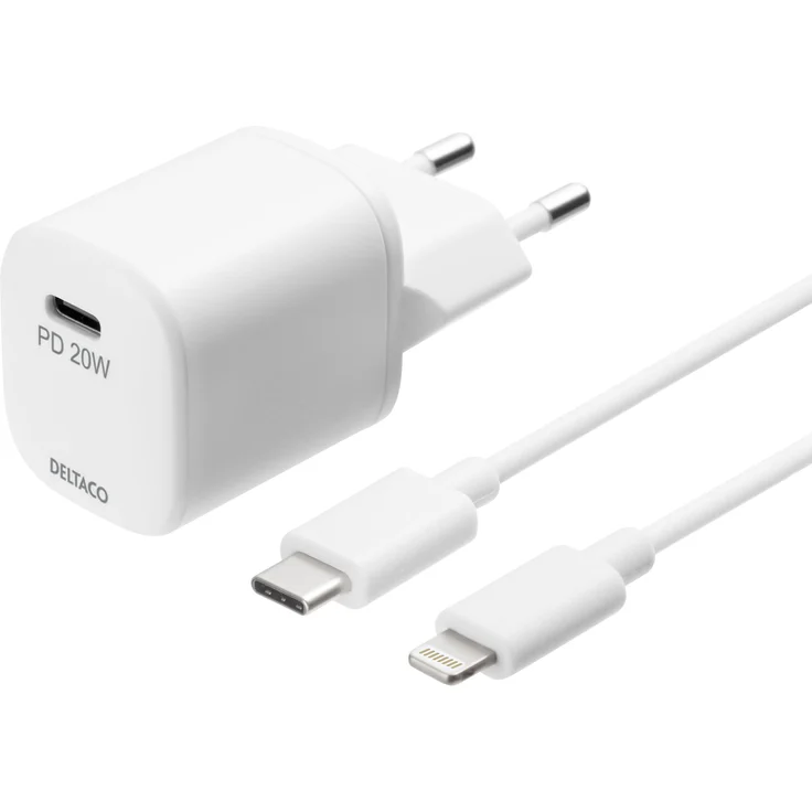 Deltaco USBC-AC141, USB-C PD Wandladegerät (20 W) mit 1m USB-C auf Lightning Kabel, Weiss, Schutzfunktionen gegen Überhitzung und Überstrom