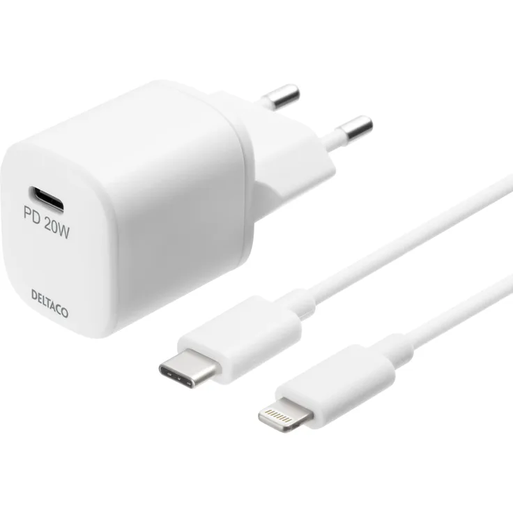 Deltaco USBC-AC141, USB-C PD Wandladegerät (20 W) mit 1m USB-C auf Lightning Kabel, Weiss, Schutzfunktionen gegen Überhitzung und Überstrom
