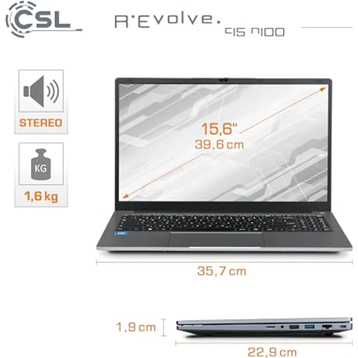 CSL-Computer Notebook R'Evolve C15 v4 Windows 11 Pro - Ultra-Slim Laptop, 15,6 Zoll FHD Display, Intel N100 CPU, 500 GB SSD, 16 GB RAM, USB 3.2, BT 5.1, AC WLAN, Schwarz – Bild 2