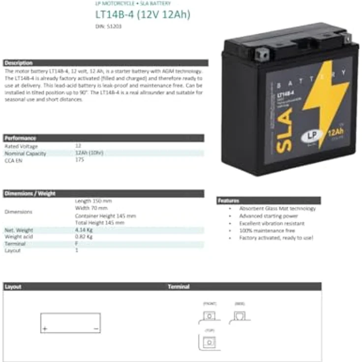 Landport YT14B-4 AGM Motorradbatterie 12Ah 12V, hohe Kaltstartleistung für Motorräder mit viel Ausstattung – Bild 6