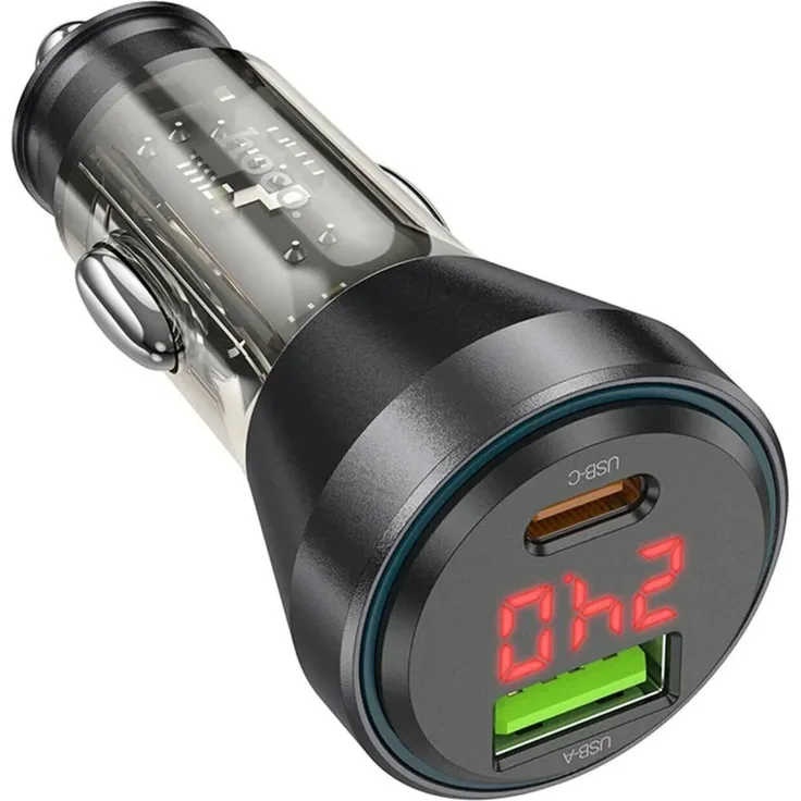 Hoco Autoladegerät USB QC 18W + Typ C 30W mit Display PD48W NZ12B schwarz - Dual-Ausgang, Schnellladefunktion
