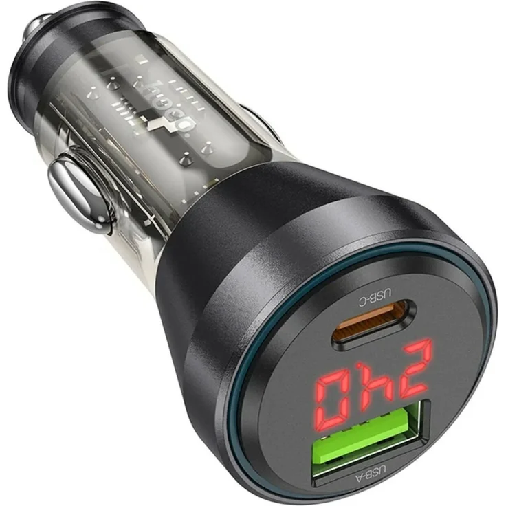 Hoco Autoladegerät USB QC 18W + Typ C 30W mit Display PD48W NZ12B schwarz - Dual-Ausgang, Schnellladefunktion