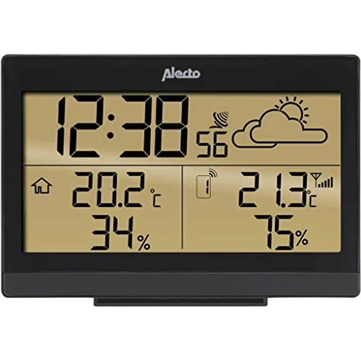 Alecto WS-2300 Funk Wetterstation - Kabelloser Sensor - Innen und Außentemperatur - Hygrometer - Wettervorhersage - Frostalarm - Wecker mit Schlummerfunktion - schwarz