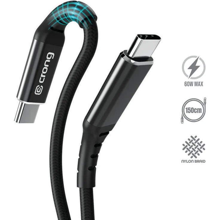 Crong Armor Link USB-C zu USB-C Kabel, 60W PD 3A, 150cm, schwarz, strapazierfähiges Nylon, Aluminiumlegierung-Stecker