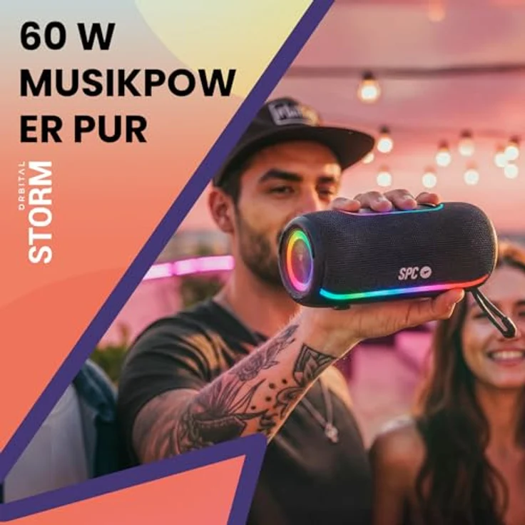 SPC Orbital Storm, Tragbarer Bluetooth-Lautsprecher mit 60 W, 360°-LED-Licht, bis zu 20 h Akkulaufzeit, wasserdicht IPX6, True Wireless, USB, microSD und 3,5-mm-Buchse, mit Gurt – Bild 2