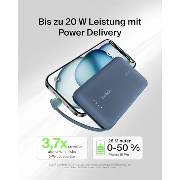 Belkin BoostCharge Power Bank, Portable Powerbank 10000mAh mit integriertem Kabel, PD 20 W – USB-C Power Delivery, in schwarz – Bild 2