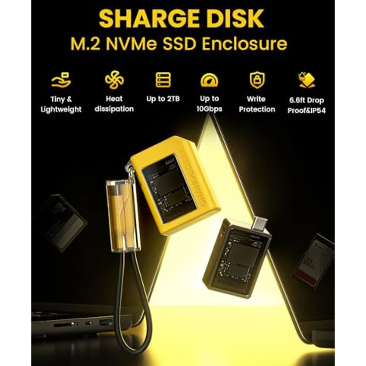 SHARGE Disk SSD-Gehäuse mit aktivem Lüfter, 10Gbps M.2 NVMe SSD-Gehäuse, USB C 3.2 Gen2, Gehäuse-NVMe-Leser unterstützt M Keys und Größe 2230 SSDs, gelb – Bild 2