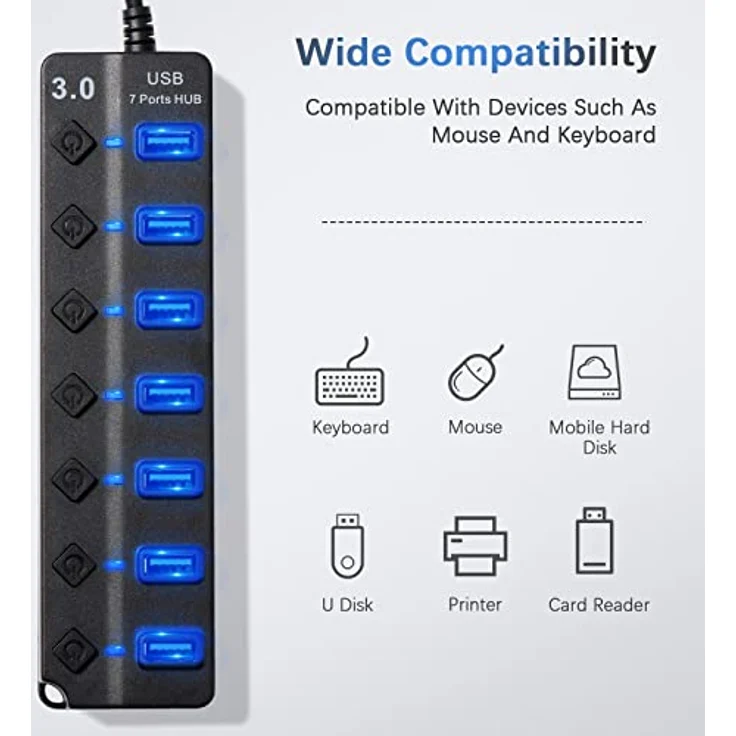 USB 3.0 Hub, 7-Port-USB-Splitter mit unabhängigen Schaltern – Bild 5