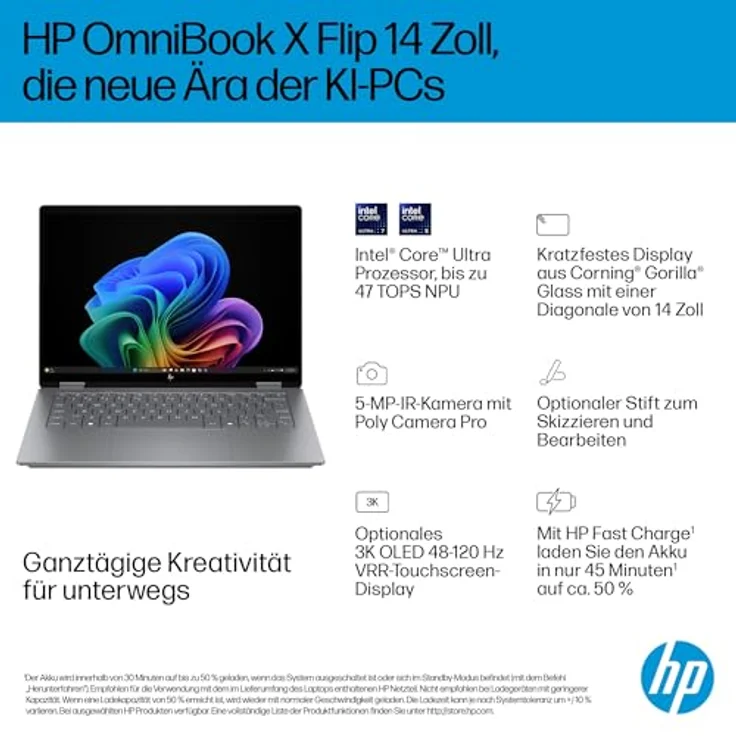 HP OmniBook X Flip Next Gen AI Laptop 14-fm0455ng, Flip-Design, Intel Core Ultra 7, 256V, 2.2 GHz, 8 Kerne, 8 Threads – Bild 5