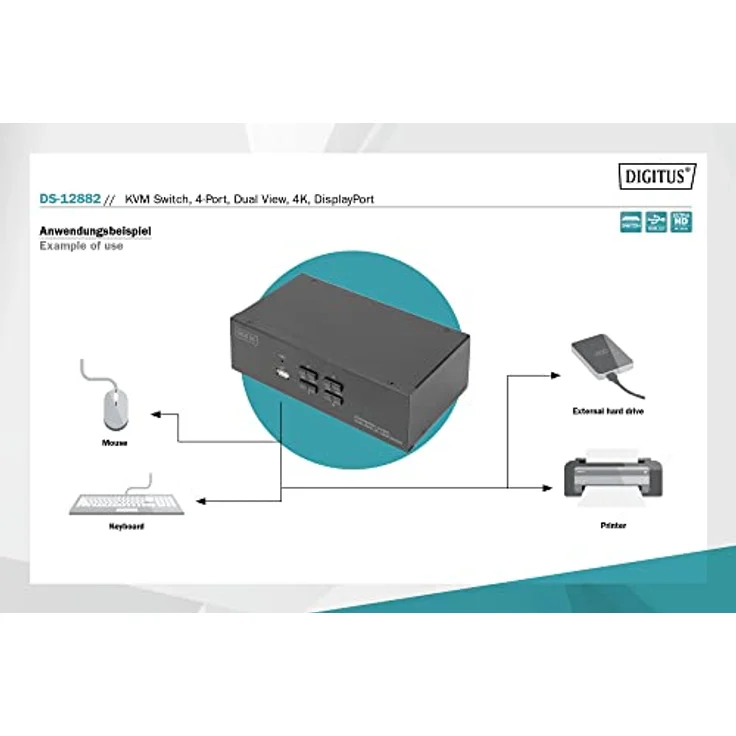 DIGITUS KVM-Switch DisplayPort – 4-Port Dual-Display – 4 PC 2 Monitore – 1x Maus, Tastatur & Audio für 4 Computer – UHD 4K@60Hz (3840 x 2160p) – Hot-Key Umschalter – 1x USB 2.0 Hub – Schwarz – Bild 4