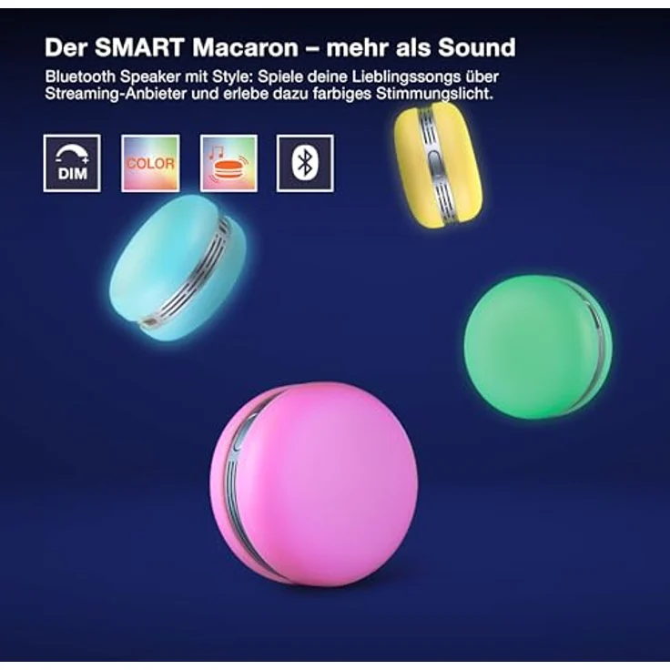 OSRAM Smart Macaron, Bluetooth-Lautsprecher mit Farbwechsel, Musik-Sync, App-Timer, 3 Modi, Stereo-Pairing, Gelb – Bild 2