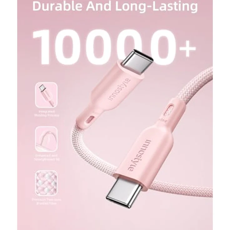 Innostyle USB-C Polyamid Schnellladekabel 240W 2m Rosa, Hochgeschwindigkeits-Datenübertragung für iPhone & Samsung – Bild 2