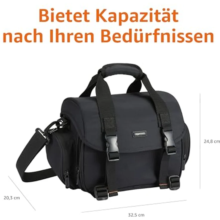 AmazonBasics - Große L Umhängetasche für SLR-Kamera und Zubehör, schwarz mit orange Innenausstattung – Bild 4