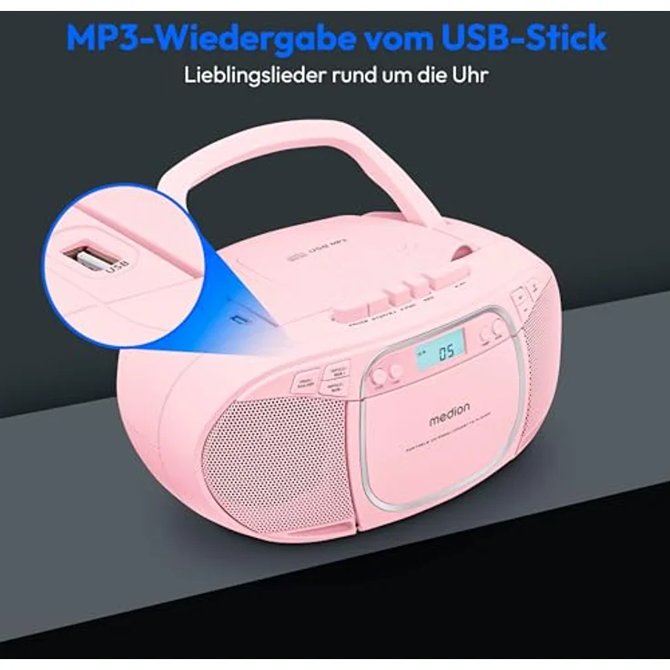 Medion® E66476 (MD44176) rosa Radio, AM-/FM-Tuner mit RDS, 4 W Stereo, tragbar, AUX-Eingang, CD-/Kassettenplayer – Bild 3