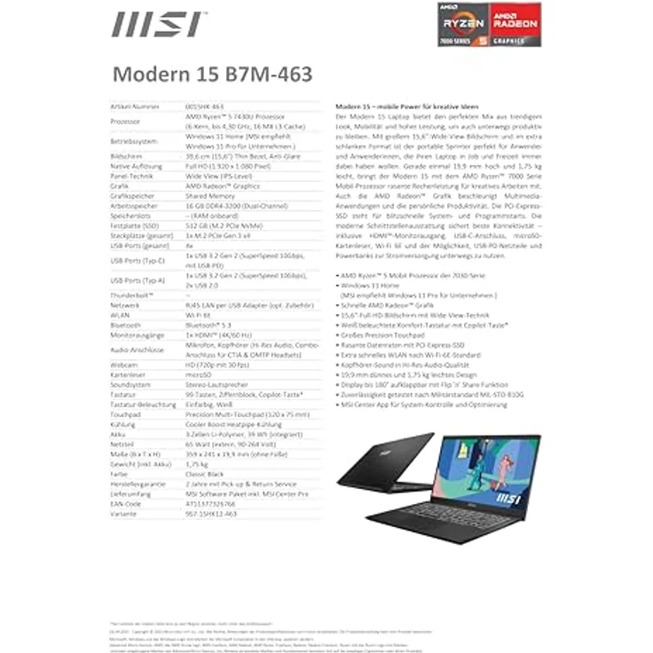 MSI Modern 15 B7M-463, 15,6 Zoll Full HD Laptop mit AMD Ryzen 5, 16 GB RAM, 512 GB SSD, Radeon Graphics, Windows 11 Home, Schwarz – Bild 5