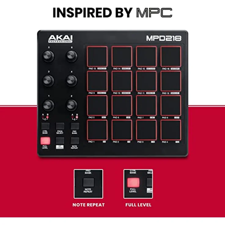 AKAI Professional MPD218 - Portabler 16-Pad-USB - MIDI-Pad-Controller Mit MPC-Pads, zuweisbaren Reglern, Tasten für Notenwiederholung, Produktionssoftware – Bild 4