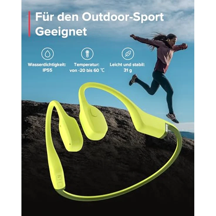 SUUNTO Sonic Kopfhörer mit Knochenleitung, kabellos, Sport-Kopfhörer, Komfort mit freien Ohren, Bluetooth 5.2, IP55 wasserdicht, 10 Stunden Akkulaufzeit, ideal für Laufen, Radfahren, 31 g, gelb – Bild 4