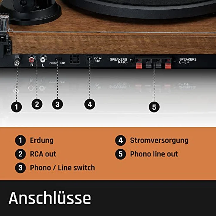 Lenco LS-480 Hi-Fi Plattenspieler mit Bluetooth - Mit externen Lautsprechern 2 x 30 W RMS - Riemenantrieb - Vorverstärker - MDF-Gehäuse - braun – Bild 4