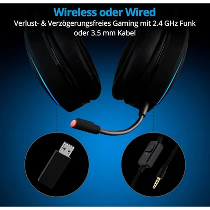 MEDION ERAZER Mage X10 Wireless Gaming Headset, Over Ear mit RGB-Beleuchtung, integriertem Akku und Mikrofon, 40 mm Lautsprecher, USB und 3,5 mm Anschluss – Bild 3