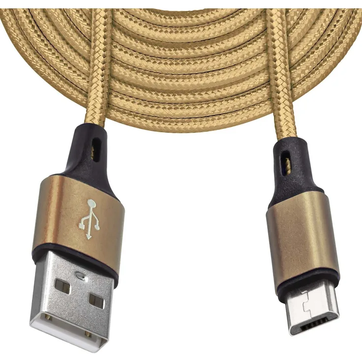 Mobilefox 3m Micro USB Schnell Lade Daten Kabel, Nylon Stecker in Gold, kompatibel mit allen Micro-USB Geräten