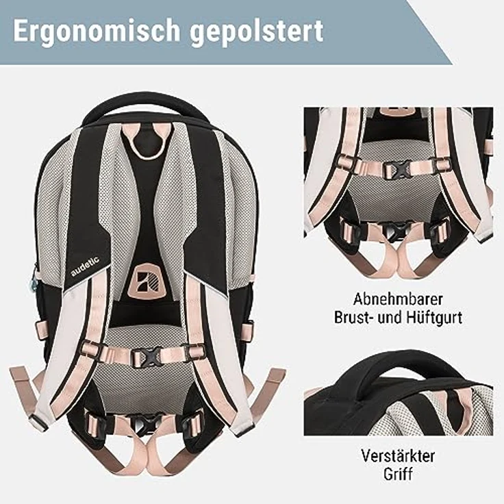 Audetic Schulrucksack Mädchen Teenager Schwarz Rosa - Cosmo - Schulranzen für Klasse 5 - Ergonomische Schultasche mit vielen Fächern für Schule & Freizeit - Wasserabweisend – Bild 4