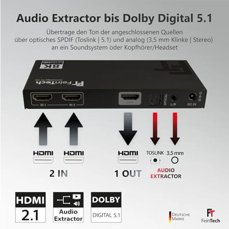 FeinTech SW212 HDMI 2.1 Switch 2 In 1 Out mit Audio Extractor, 4K 120Hz, 8K 60Hz, automatischer Umschaltung, VRR, ALLM, Optical SPDIF und 3,5 mm Klinke – Bild 3