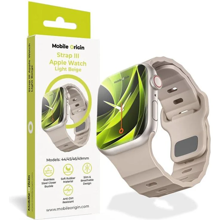 Mobile Origin AWMS-03-LBG, Gurt für Smartwatch, Hellbeige, fluor-elastomer, für Apple Watch Ultra 1/2/3 (49 mm), Apple Watch 10 (46 mm), Apple Watch 9/8/7 (45 mm), mit metallischer Schließe
