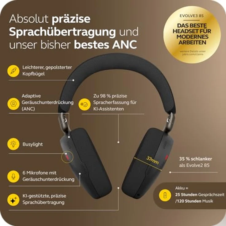 Jabra Evolve3 85, Over-Ear Bluetooth Headset mit Mikrofon, Adaptive Aktive Geräuschunterdrückung, 25h Akku, USB-C, Schwarz – Bild 2