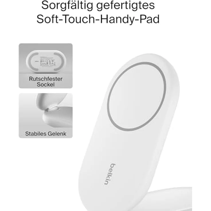 Belkin BoostCharge 2-in-1 magnetisches einklappbares Ladegerät Qi2, MagSafe-kompatibles 15 W, Schnellladegerät für Apple iPhone 16/15/14/13/12, induktive Ladestation, inklusive Netzteil - Weiß – Bild 5