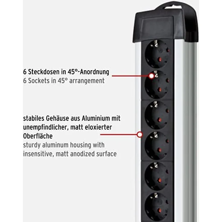 Brennenstuhl Premium-Alu-Line, Steckdosenleiste 6-fach - Steckerleiste aus hochwertigem Aluminium (Mehrfachsteckdose mit Schalter und 3m Kabel, Made in Germany) silber-schwarz – Bild 2