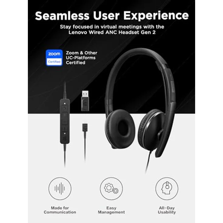 Lenovo 4XD1M39029 Kopfhörer mit aktiver Geräuschunterdrückung, On-Ear, kabelgebunden, USB Typ-C, schwarz – Bild 5