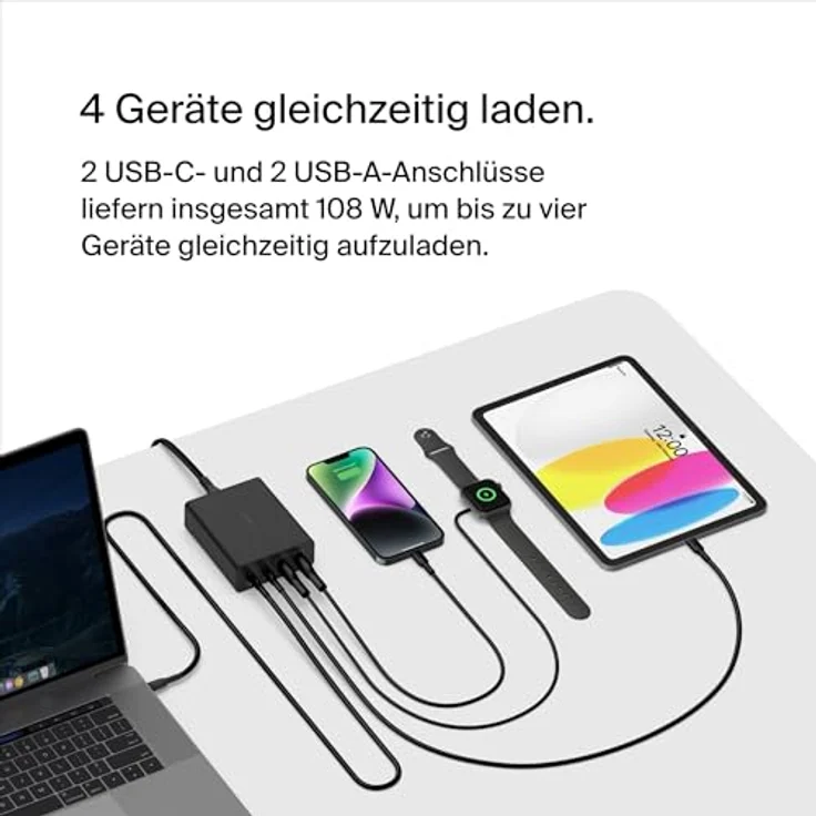 Belkin 108-W-GaN-USB-Ladestation, schnelles Ladegerät mit 2x USB-C und 2x USB-A, Dock/Hub für MacBook, Pro, Air, iPhone, iPad, Galaxy - Schwarz – Bild 3