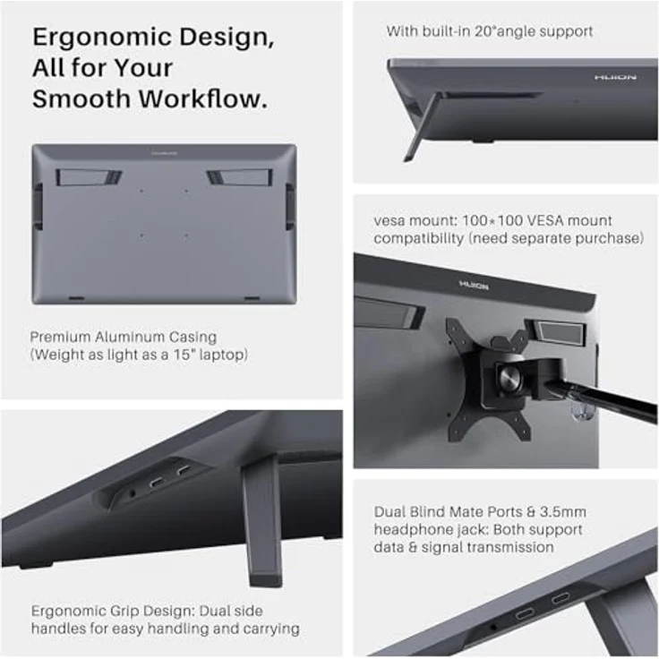 HUION Kamvas Pro 19 Grafiktablett, 18,4-Zoll mit 4K UHD-Auflösung, Grau – Bild 8