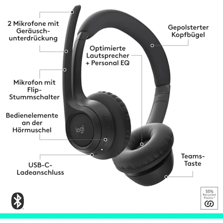 Logitech Zone 305 for Business, kabelloses Bluetooth-Headset mit Mikrofon, für Microsoft Teams, schwarz – Bild 7