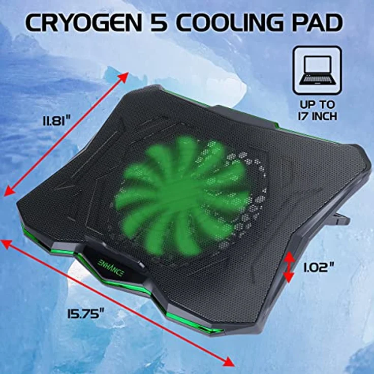 ENHANCE Gaming Laptop Kühlständer, Laptop Kühler mit 7 höhenverstellbaren Einstellungen, 800 U/min ultra leiser Lüfter & Dual USB Port für 17 Zoll Laptops, Kühlpad Grün – Bild 2