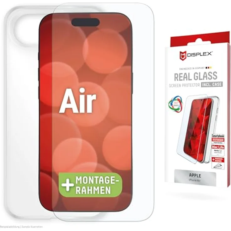 Displex Real Glass und Case für iPhone Air, Kratzer-resistente Schutzfolie mit Montagerahmen, transparent – Bild 1