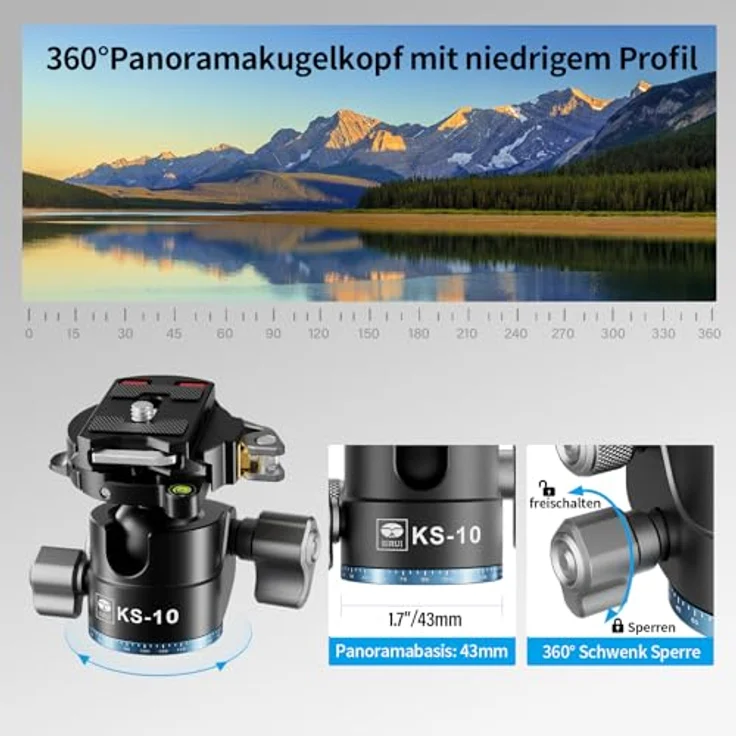 SIRUI KS-10 Kugelkopf Low Profile für Stativ, 29 mm 360° Panorama Aluminium Stativkopf für Kamera, Camcorder, Einbeinstativ, bis 15 kg - Schwarz – Bild 3