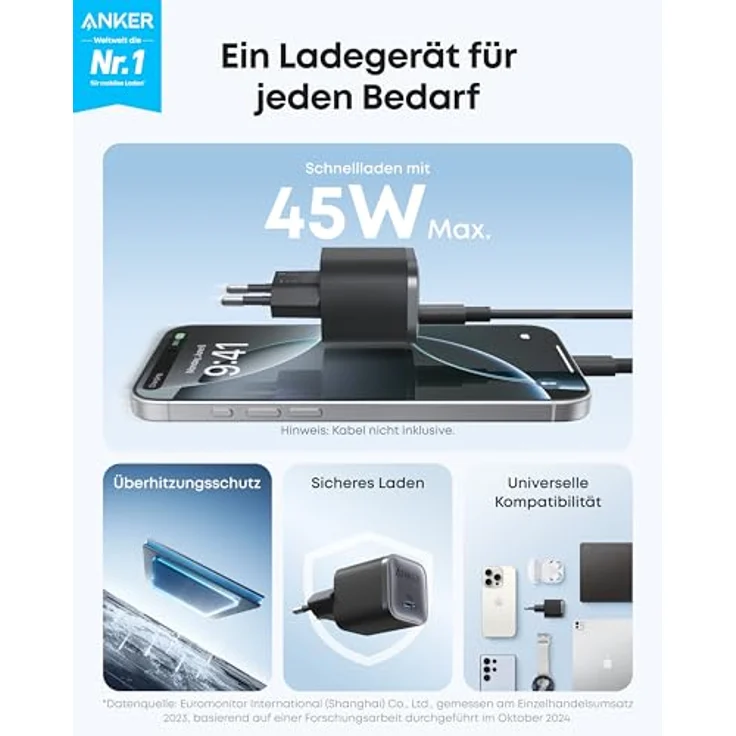 Anker Nano 45W USB C Ladegerät, kompakter Netzteil mit ActiveShield-Technologie, inklusive 1,8m USB-C Kabel, schnellladefähig für iPhone 17/Pro Max, MacBook und Samsung Galaxy S25 Ultra – Bild 2