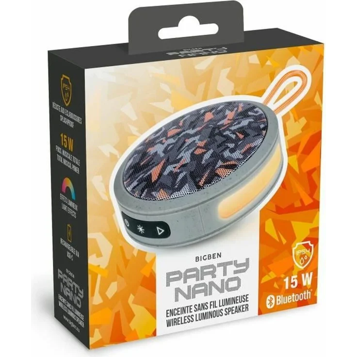 Big Ben NANO, Runder Bluetooth-Lautsprecher mit Riemen und Lichteffekten, 15 W, graue und orangefarbene Tarnung