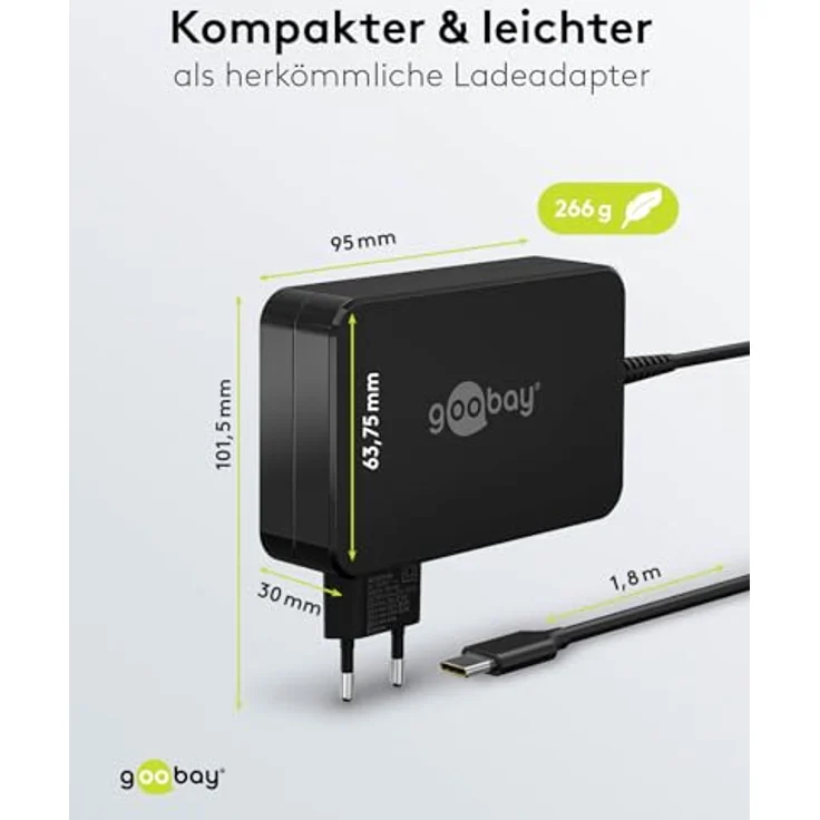 goobay 65420-90W USB C Ladegerät Laptop mit 1,8m Laptop Ladekabel Power Delivery 90w USB C Netzteil - USB C Ladegerät 90w mit Kabel & Überhitzungsschutz für MacBook Pro, Lenovo ThinkPad, Chromebook – Bild 3