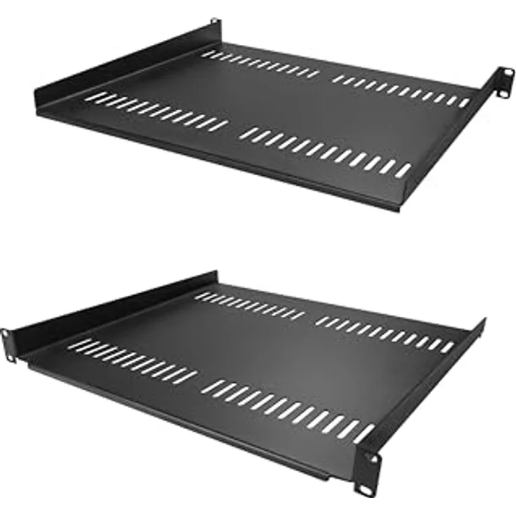StarTech.com 2-Pack 1U Server Rack Shelf, Vented Rack Mount Cantilever Shelf, Heavy-Duty Steel, 44lb/20kg Capacity, 16" Deep, Schwarz