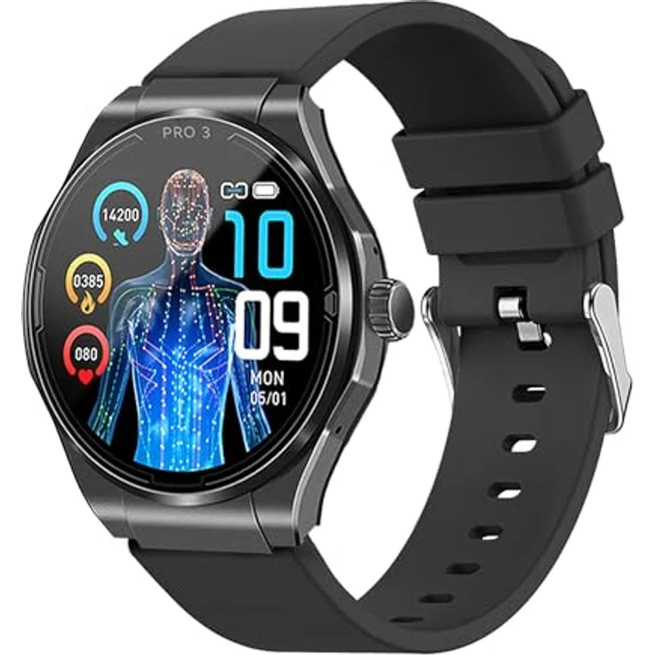 Knauermann PRO 3 (2024) Schwarz - Smartwatch mit EKG, Telefoniefunktion und Schlafapnoe - AMOLED Display- BT Bluetooth, rund – Bild 1