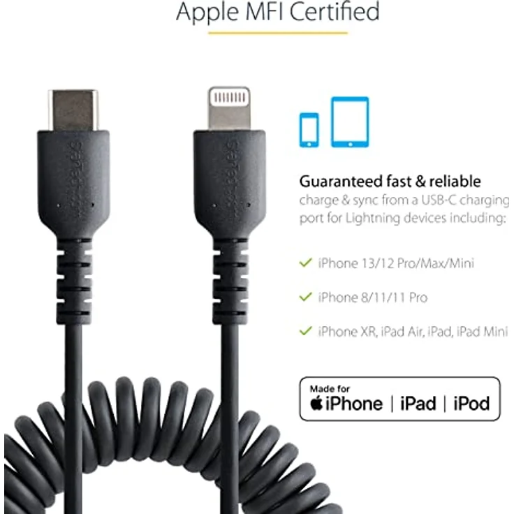 StarTech.com 1m USB C auf Lightning Kabel, spiralkabel, MFi-zertifiziert, Schnellladekabel für iPhone/iPad/iPod, schwarz, langlebiger TPE-Mantel aus Aramidfaser, USB C 2.0 Kabel (RUSB2CLT1MBC) – Bild 5